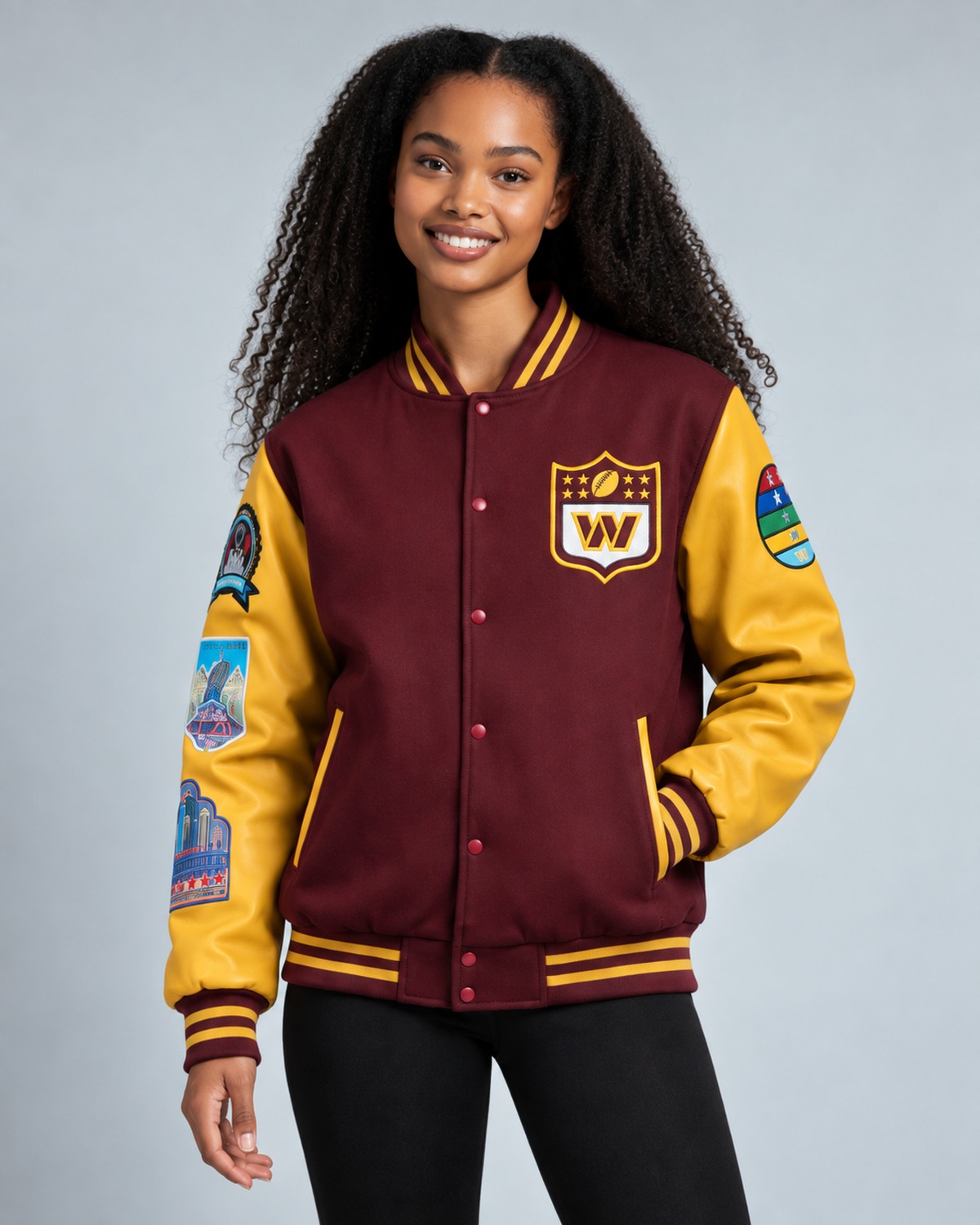 Woman wearing a maroon and gold wool varsity jacket