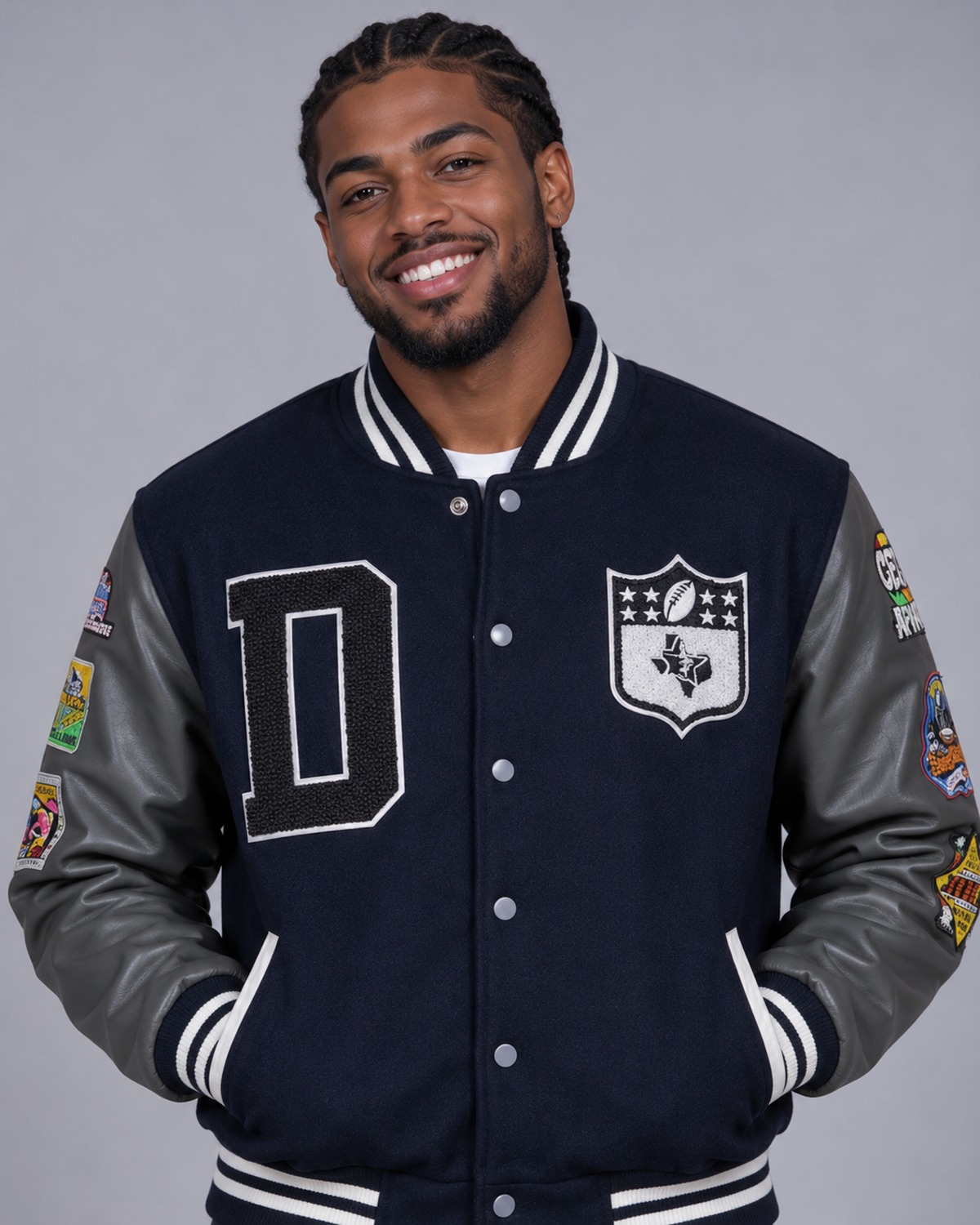 Man wearing a navy and grey wool varsity jacket