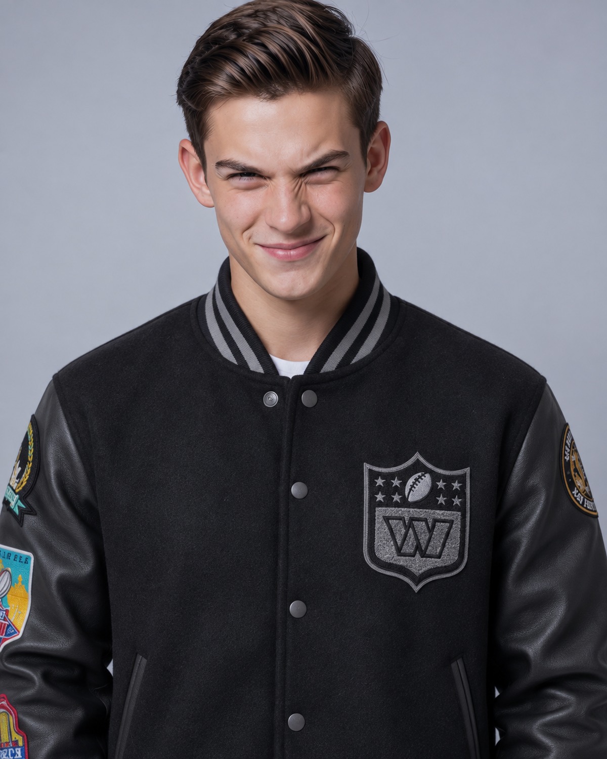 Man wearing a black and grey wool varsity jacket