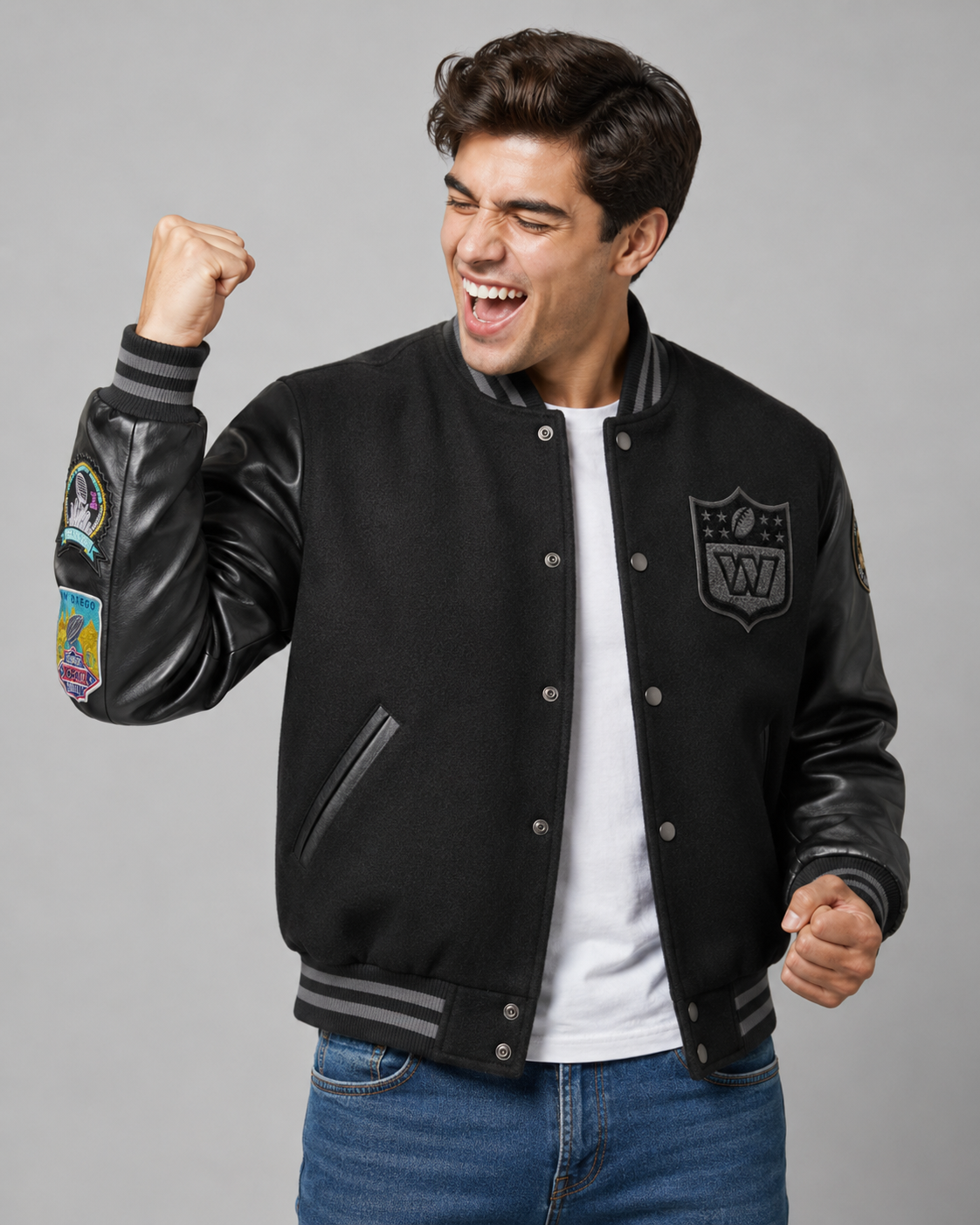 MIDNIGHT DISTRICT VARSITY JACKET wool varsity jacket lifestyle shot