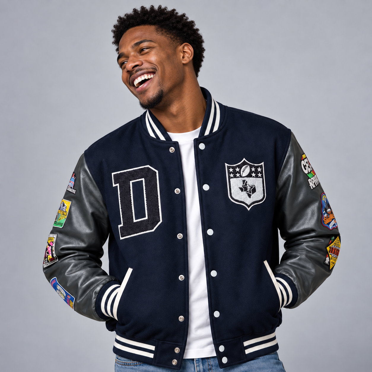 DALLAS LEGACY VARSITY JACKET wool varsity jacket lifestyle shot